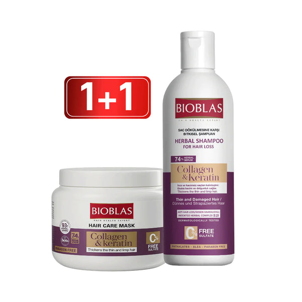 Bioblas Shampoo Collagen & keratin 300ml + Bioblas Collagen & keratin Conditioner and Mask 300ml - Offer (1+1 free)