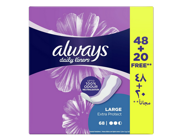 Always Daily Liners Extra Protect Pantyliners Large 48+20 Count