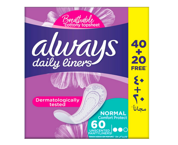 Always Daily Pads, Cottony Soft, Unscented Normal 60 pads