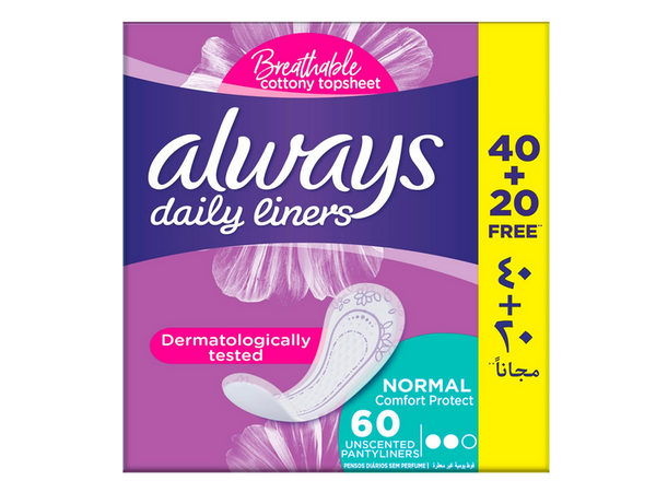 Always Daily Liners Extra Protect Pantyliners Large 40+20 Count
